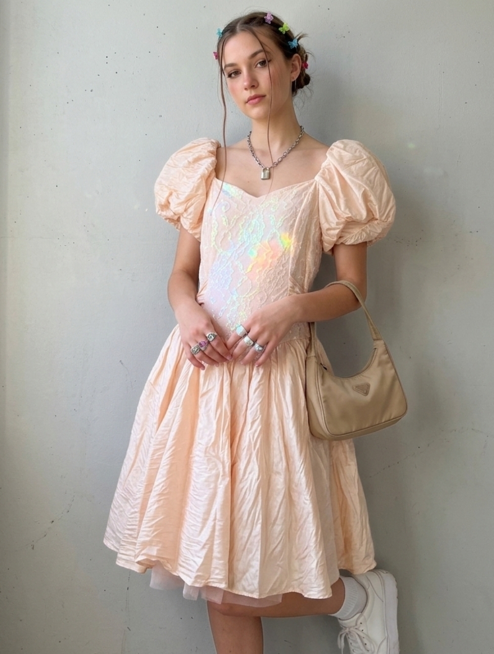 Vtg 80s Mayvens of California Iridescent Peach Pink‎ Lace Puff Sleeve Prom Dress